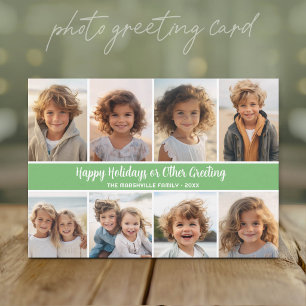 Tarjeta Festiva 8 Colaje de Fotos en Verde Matcha con Letra Blanca