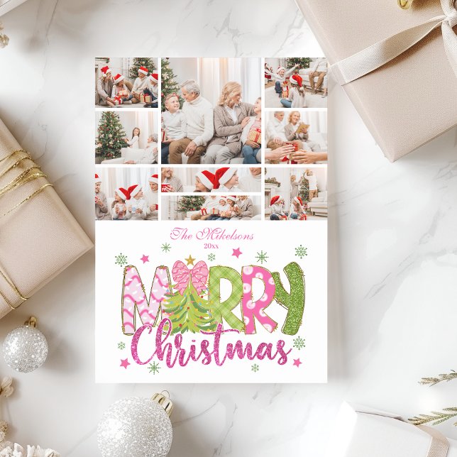 Tarjeta Festiva 9 Photo Pink Green Bow Tree Merry Christmas (Subido por el creador)