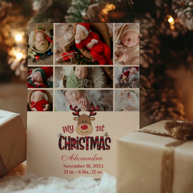 Tarjeta Festiva 9 Photo Plaid Reindeer Baby First Christmas  (Subido por el creador)