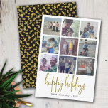 Tarjeta Festiva 9 puntos de fotos en negro y oro - Navidades felic<br><div class="desc">Usa nueve fotos cuadradas y haz un exclusivo y moderno saludo de Feliz Navidad con un patrón de puntos polka de confeti dorado en la parte trasera. Este sencillo diseño es memorable e incluye un lugar para añadir muchas fotos de todo el año. Si necesita mover algo, haga clic en...</div>