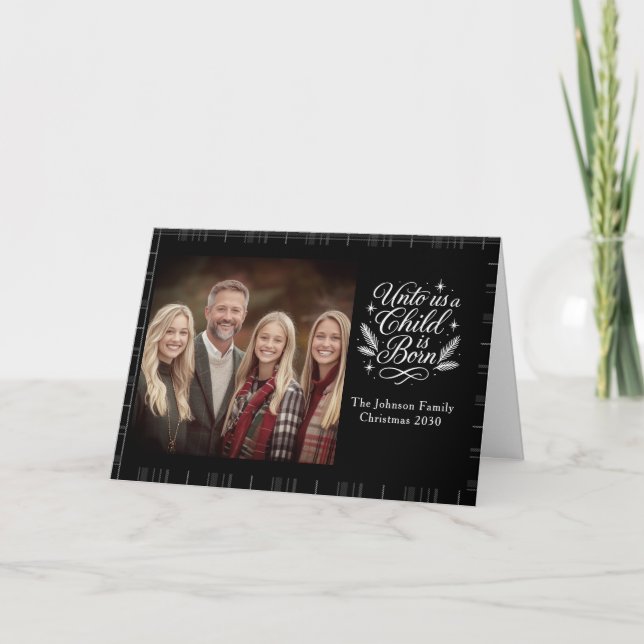 Tarjeta Festiva A Child Is Born Plaid Photo Christmas Card (Anverso)