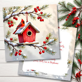 Tarjeta Festiva A Christmas Cardinal on a Birdhouse Personalized
