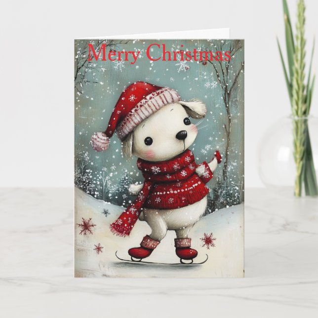 Tarjeta Festiva A Dog Ice Skating (Anverso)