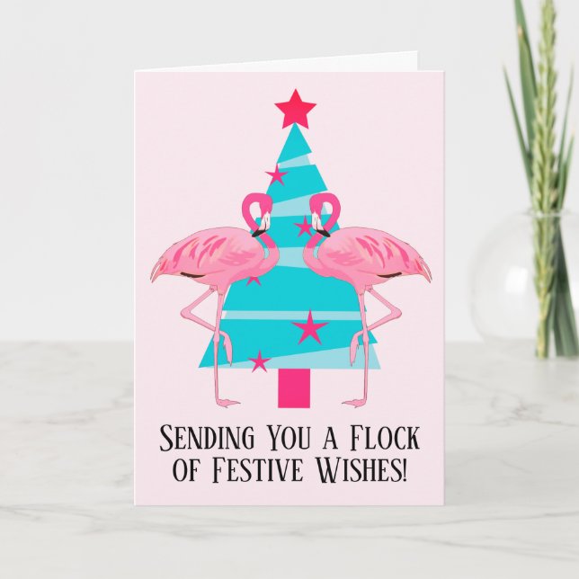 Tarjeta Festiva A Flock of Festive Wishes Christmas Flamingos (Anverso)