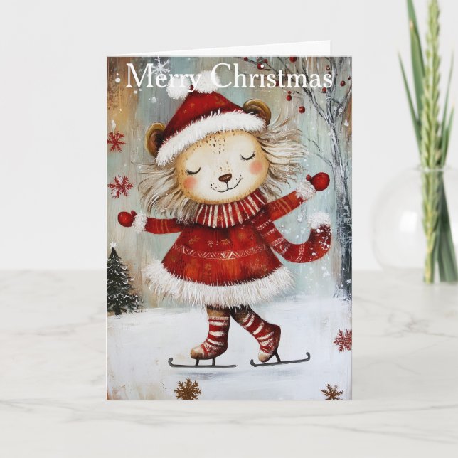 Tarjeta Festiva A Lion Ice Skating (Anverso)