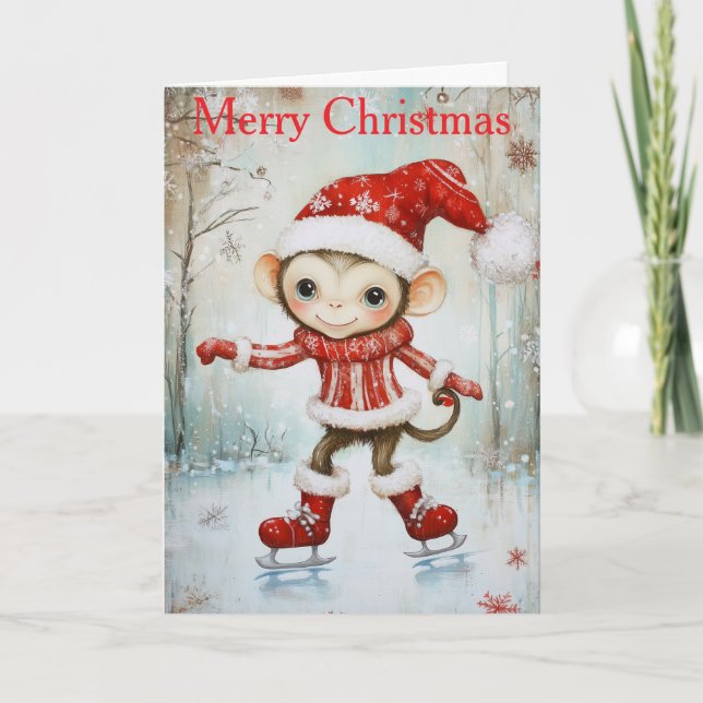 Tarjeta Festiva A Monkey Ice Skating (Anverso)