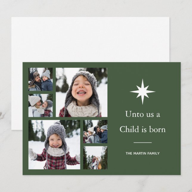 Tarjeta Festiva A nosotros un niño nace Navidades de Collage de fo (Anverso / Reverso)