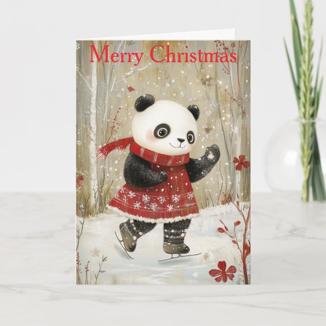 Tarjeta Festiva A Panda Ice Skating (Anverso)