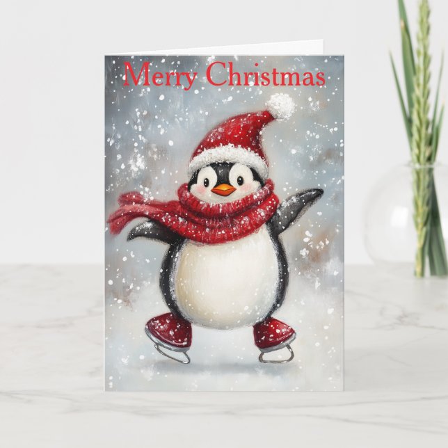 Tarjeta Festiva A Penguin Ice Skating (Anverso)