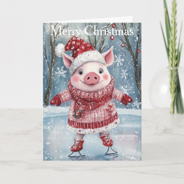 Tarjeta Festiva A Pig Ice Skating (Anverso)