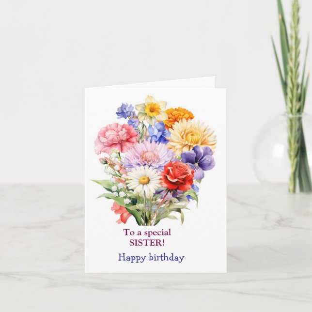 Tarjeta Festiva A una hermana especial rosas amarillas rosadas Cum (Anverso)