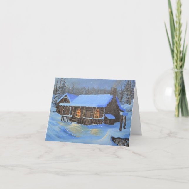 Tarjeta Festiva "A Warm Home" Log cabin Christmas card (Anverso)