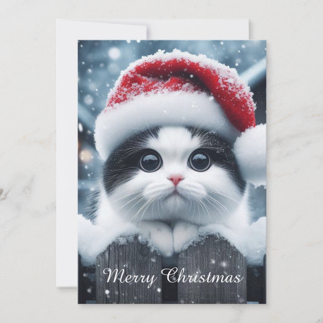 Tarjeta Festiva A white cat with Santa hat  (Anverso)