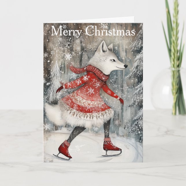 Tarjeta Festiva A Wolf Ice Skating (Anverso)