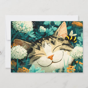 Tarjeta Festiva Abeja de acuarela Gato durmiendo Flor Jardín