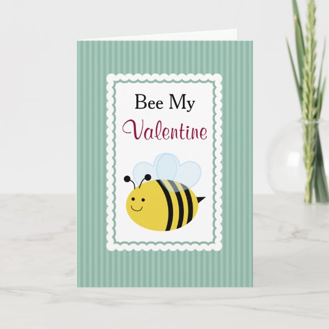 Tarjeta Festiva Abeja mi San Valentín, abeja linda, franjas verdes (Anverso)