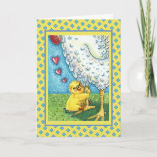 TARJETA FESTIVA ABRAZA A TU MAMÁ, POLLITO CUERDO AMA A LA GALLINA