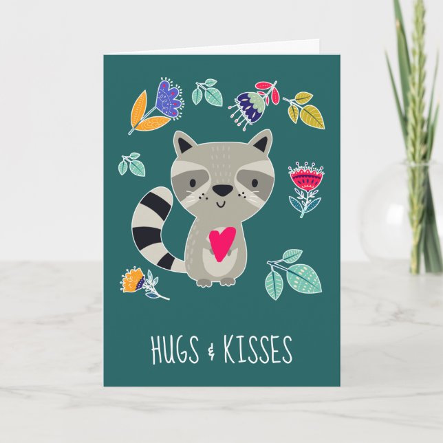 Tarjeta Festiva Abrazos y besos. Funny Raccoon El día de San Valen (Anverso)