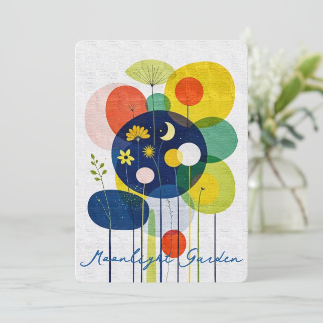 Tarjeta Festiva Abstract Folk Art Garden Moon Stars Whimsical (Anverso de pie)