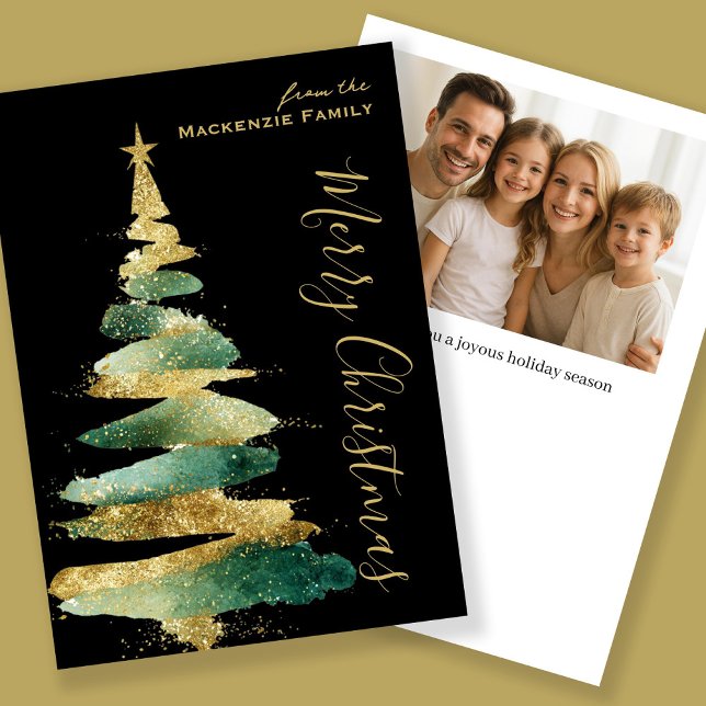 Tarjeta Festiva Abstract Modern Christmas Tree Photo Personalized (Abstract Modern Christmas Tree Photo Personalized Holiday Card by Ricaso in gold and green)