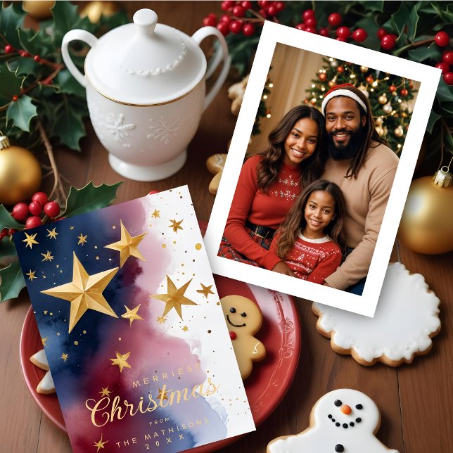 Tarjeta Festiva Abstract Patriotic Blue Red & White Stars Elegant  (Abstract Patriotic Blue Red & White Stars Elegant Christmas Holiday Cards with Custom Photo.)