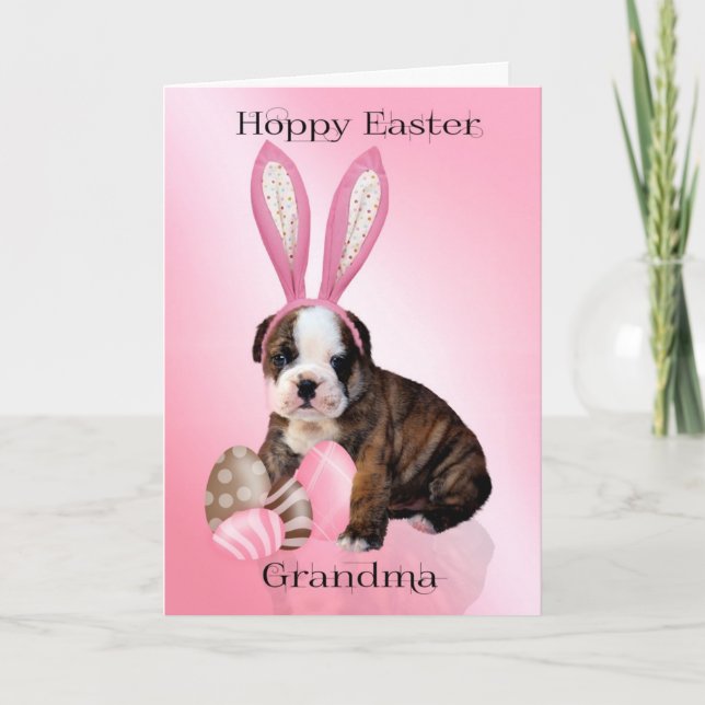 Tarjeta Festiva Abuela Bulldog De Pascua Con Huevos (Anverso)