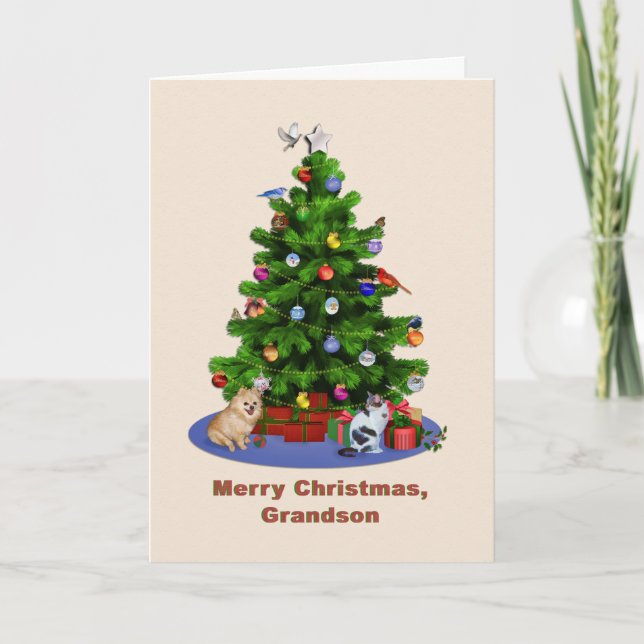 Tarjeta Festiva Abuelo, Feliz Árbol de Navidad, Aves, Gato, Perro (Anverso)