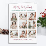 Tarjeta Festiva Abuelos 9 Fotografía Merry Everything Navidades<br><div class="desc">¡Feliz todo, siempre feliz con la abuela y el abuelo! Celebra a tus abuelos y dale un regalo especial a estos Navidades con tarjeta de vacaciones de personalizado de collage de fotos. Esta tarjeta única de los abuelos de los navidades de collage de fotos es el regalo perfecto para los...</div>