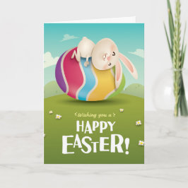 Tarjeta Festiva Aburrido conejito de Pascua abrazando huevo a raya