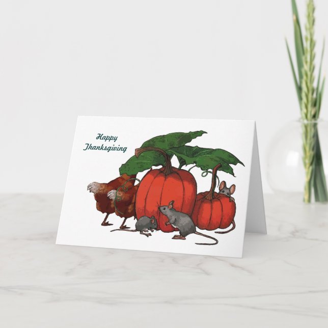 Tarjeta Festiva Acción de Gracias: Calabazas, ratones, pollos: Art (Anverso)