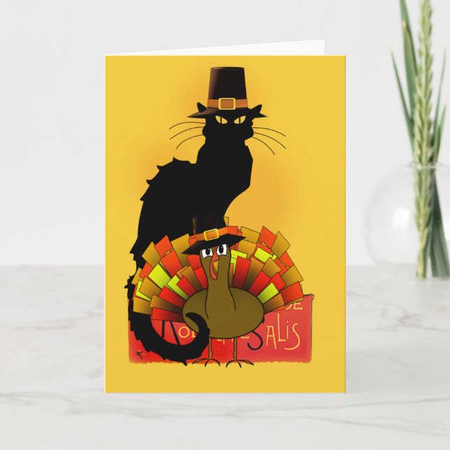 Tarjeta Festiva Acción de Gracias Le Chat Noir Con Peregrino Turco (Anverso)