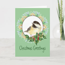 Tarjeta Festiva Acebo alegre del pájaro del Chickadee de la