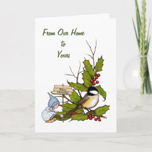 Tarjeta Festiva Acebo con gnomo, pájaro del Chickadee, arte del