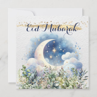 Tarjeta Festiva Acento dorado de luna creciente de acuarela Eid Mu