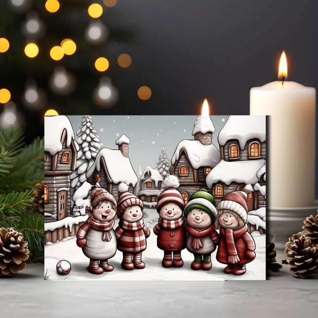 Tarjeta Festiva Acogedor invierno animado con amigos de los hombre (Adorable Snowmen Friends in Winter Village Christmas Card)