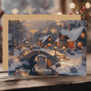 Tarjeta Festiva Acogedor pueblo de cabaña de piedra de invierno Fe