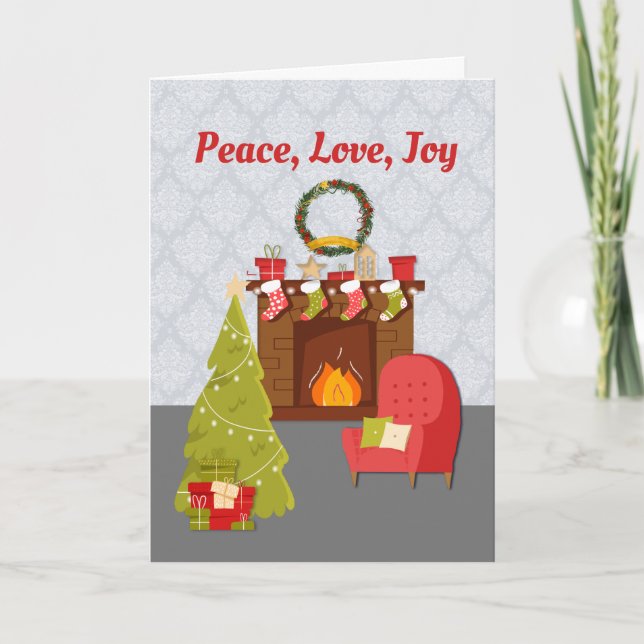 Tarjeta Festiva Acogedor salón, Navidades, Peace Love Joy (Anverso)