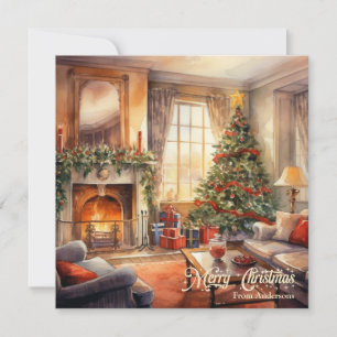Tarjeta Festiva Acogedores interiores Navidades con chimenea y árb