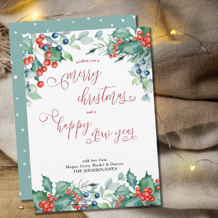 Tarjeta Festiva Acrarela Bayas de Invierno Caligrafía de Acebo