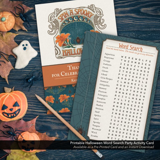 Tarjeta Festiva Actividad de Fiesta de búsqueda de palabras de Hal (Printable Halloween Word Search. Create a Custom Favor for Your Holiday Party, Blue.)