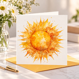 Tarjeta Festiva Acuarela Amarillo Naranja Sol Sol de Verano