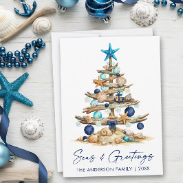 Tarjeta Festiva Acuarela Árbol Costero Mares y Saludos Playa