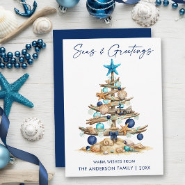 Tarjeta Festiva Acuarela Árbol Playa Mares y Saludos Azul