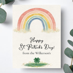 Tarjeta Festiva Acuarela Arcoíris y Trébol Día de San Patricio