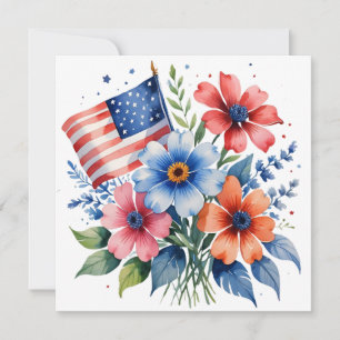 Tarjeta Festiva Acuarela bandera estadounidense y flores del 4 de