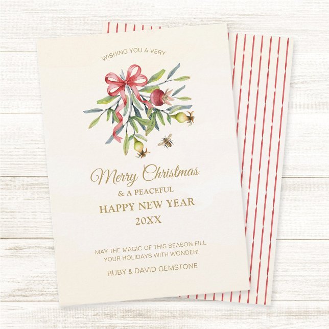 Tarjeta Festiva Acuarela Botánica Elegante con Vegetación y Lazo R (Elegant watercolor greenery holiday Christmas greeting card with pomegranate leaves, fruits, red bow)