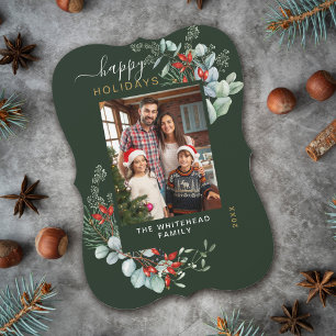 Tarjeta Festiva Acuarela Botánica Feliz Festividad Feriada Verde