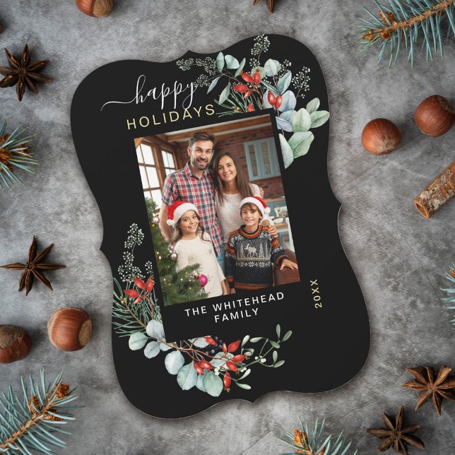 Tarjeta Festiva Acuarela Botánica Feliz Festividad Festividad Negr (You will love these beautiful Christmas cards! They feature botanical watercolor pine and berries.)