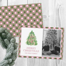 Tarjeta Festiva Acuarela Burgundy Plaid Christmas Tree Photo