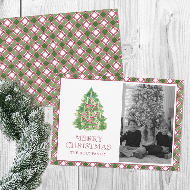 Tarjeta Festiva Acuarela Burgundy Plaid Christmas Tree Photo (Subido por el creador)